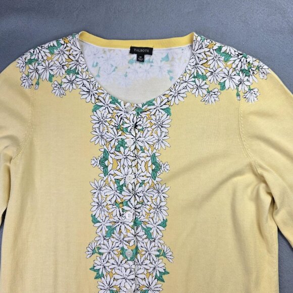 Talbots Cardigan Sweater Womens M Yellow Daisy Floral Button Front 3/4 Sleeve - Picture 6 of 12